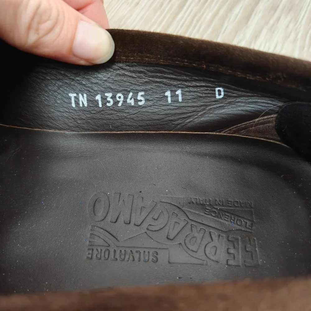 Salvatore Ferragamo Mens Loafers 11 D Brown Suede Gancini Bit Moc Toe Luxury